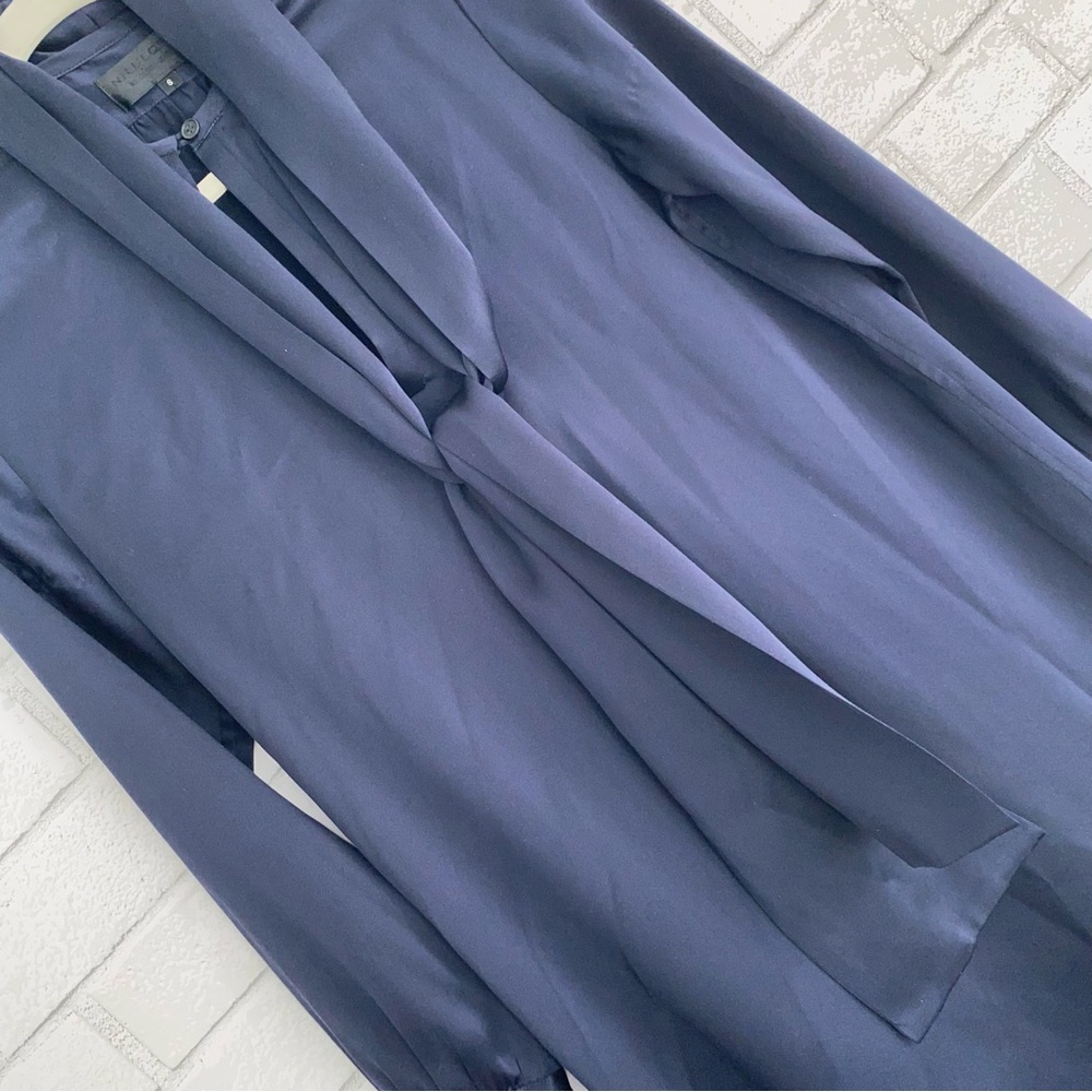 NILI LOTAN $990 Silk Navy Blue Tie Neck Mini Shirt Dress Small EUC - Picture 6 of 16